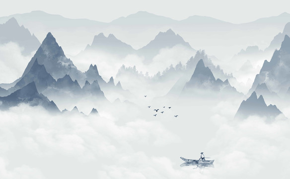 手绘中国风蓝色意境山水风景画