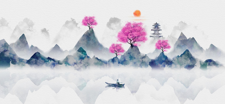 中国风蓝色意境山水画