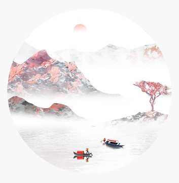 手绘中国风意境彩色抽象山水风景