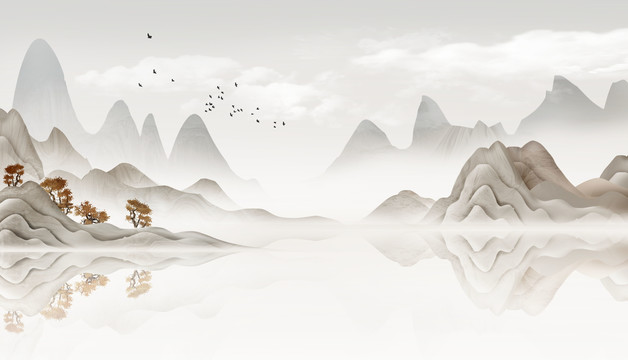 手绘中国风意境层次山水风景画