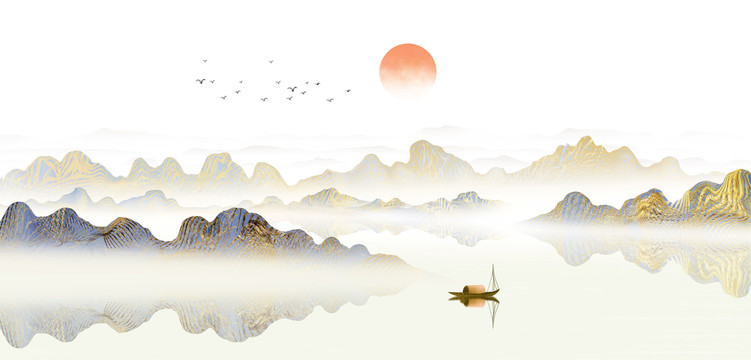手绘中国风金色境山水风景画