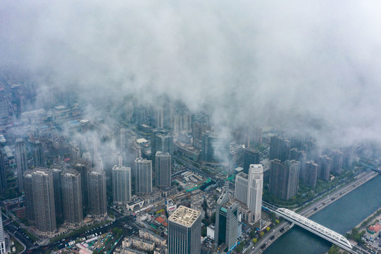 天津海河平流雾奇观航拍