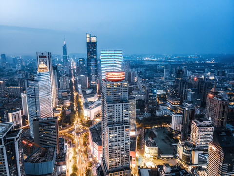 航拍南京城市建筑夜景