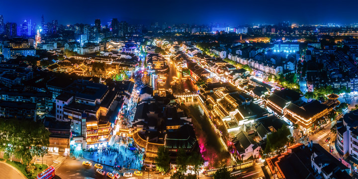 航拍江苏南京秦淮河城市风光夜景