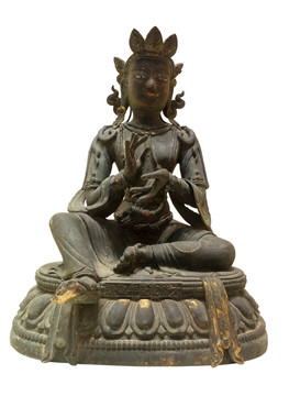 清代藏族绿度母铜像白背景