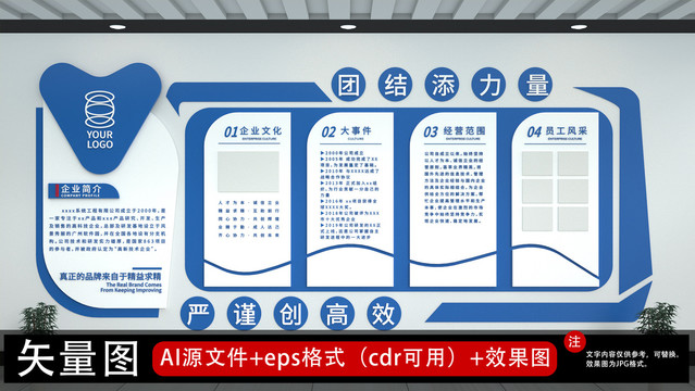 原创蓝色大气立体企业文化墙展板