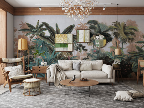 现代沙发背景墙布壁画效果图
