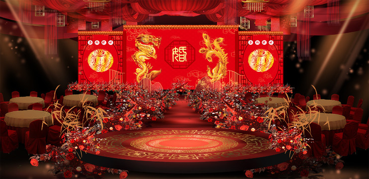 红色中式婚礼舞台效果图