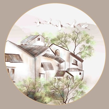 圆形水墨江南壁画