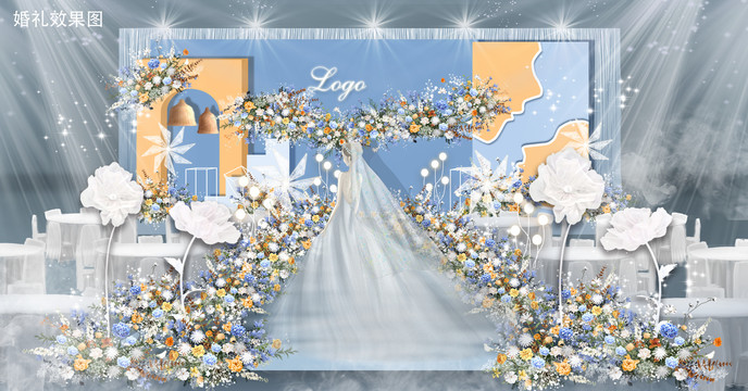 蓝橙撞色婚礼仪式区效果图