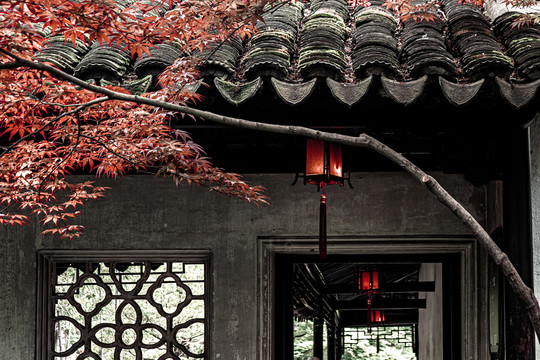 红色枫叶中式建筑