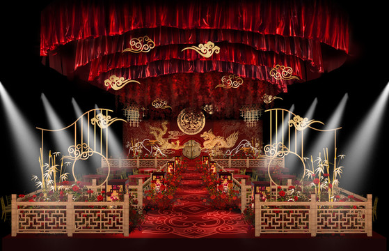 红色中式婚礼仪式区手绘效果图