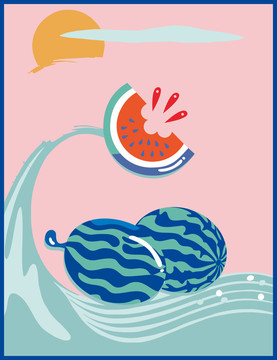 水果西瓜插画海浪
