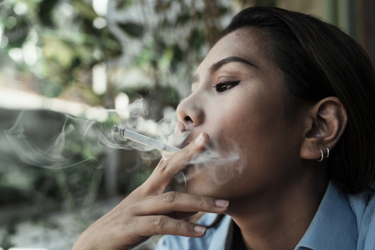 侧视图-亚洲妇女在户外吸烟过多。