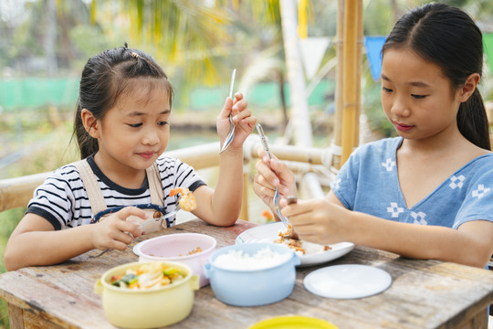两个亚洲小女孩在乡村农场一起吃着从平托到泰国的食品容器盒里的食物。
