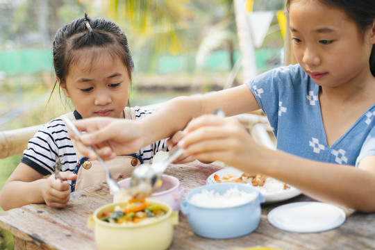 两个亚洲小女孩在乡村农场一起吃着从平托到泰国的食品容器盒里的食物。