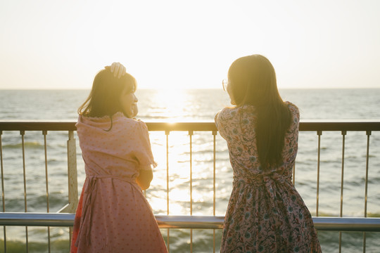 剪影拍摄的两个长发女孩在海边的银篱笆边闲聊。