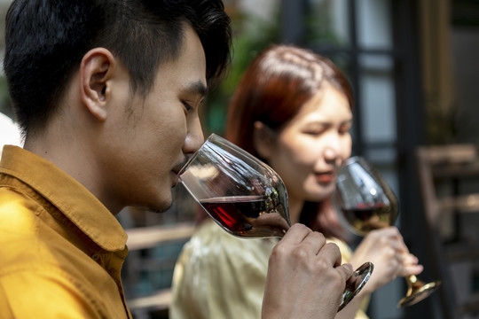 侧视图-帅气的亚泰男人和朋友喝着酒杯里的酒。派对庆典。