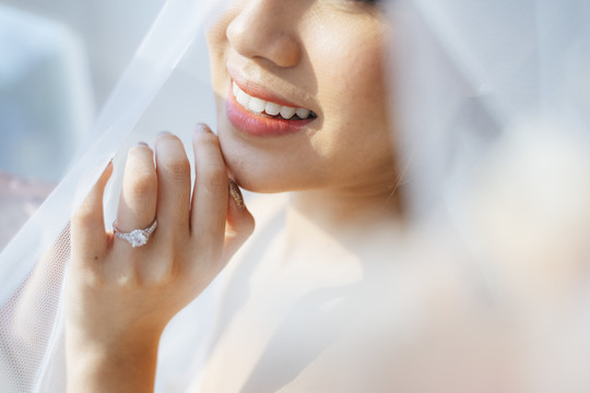 在白色面纱下，新娘手上戴着婚戒，无名指上戴着结婚戒指的裁剪图像，带有复制空间。