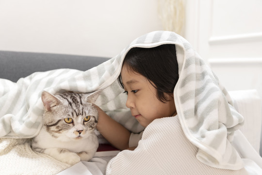 亚洲可爱的小男孩在毯子下面玩猫。