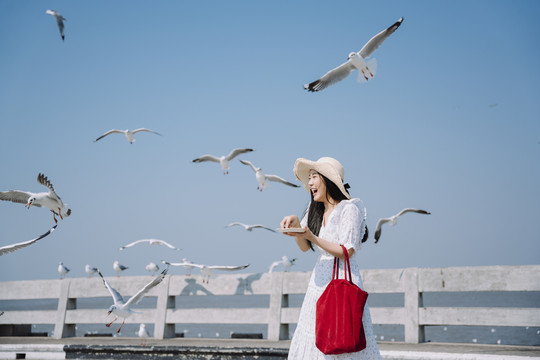 一位身穿白裙白帽的长发女子拿着红袋子，在码头上喂海鸥。