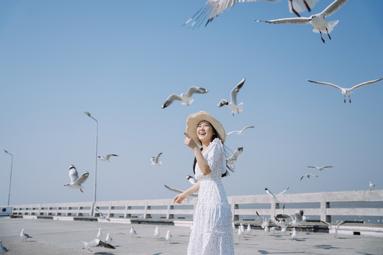 一个长发的女孩，穿着白裙子，戴着白帽子，在阳光下和站在码头上的海鸥玩耍。