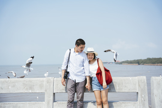 浪漫的亚泰情侣手牵手站在海桥上。一群海鸥飞来飞去。野生动物。