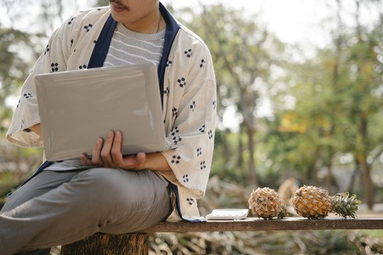 生态旅游-年轻的商人试图在网上销售菠萝，使用笔记本电脑。