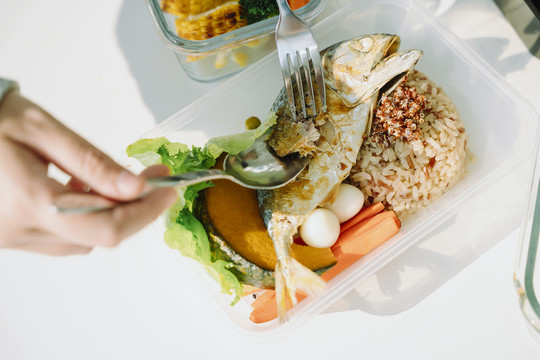 顶视图：人们用健康的新鲜蔬菜吃油炸鲭鱼和米饭。提供食物。午餐盒套装。