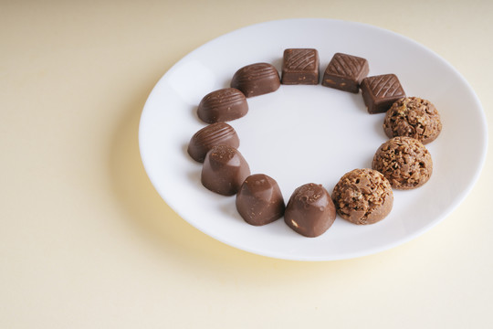 手工制作的巧克力波旁美味品种在一个盘子里。复制空间。