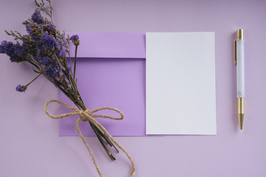 紫色花薰衣草与纸张空间为模型在紫色粉红色的背景。泰国母亲节。