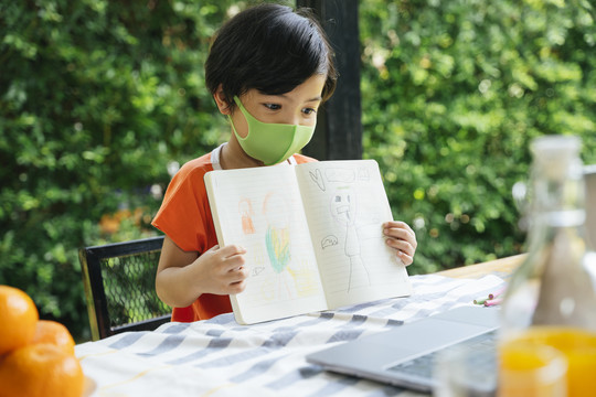 亚洲小孩戴着面具在笔记本电脑上向老师展示绘画作品。在家学习。