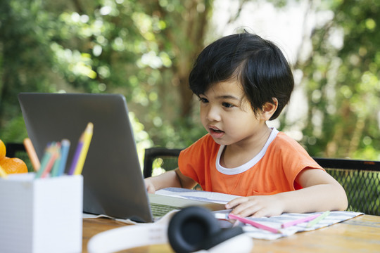 亚洲小孩在院子里用笔记本电脑学习。