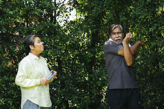 亚洲老年人一起在院子里锻炼前热身。