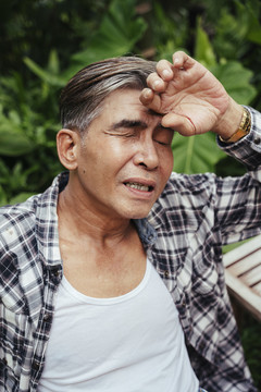 在农场户外劳累的亚洲老年农民的画像。