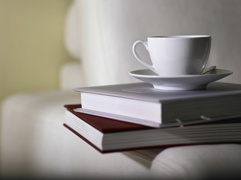 茶杯放在沙发上的书上面