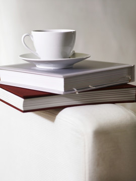 茶杯放在沙发上的书上面