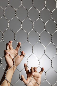 凹陷-手在铁丝网围栏上的特写。
