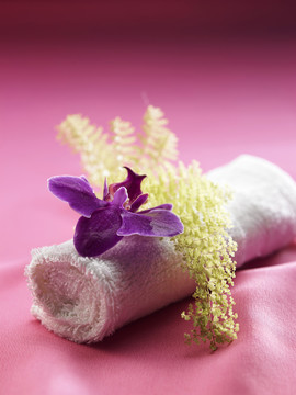 温泉概念-毛巾和兰花