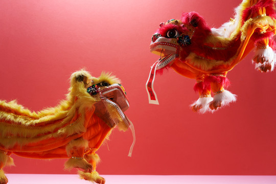两个传统舞狮-中国新年装饰与文字翻译迎来财富和繁荣