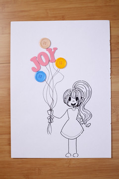快乐地抱着一束气球的女孩的艺术画