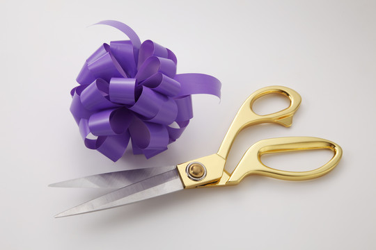 开幕式有紫色丝带蝴蝶结和金剪刀