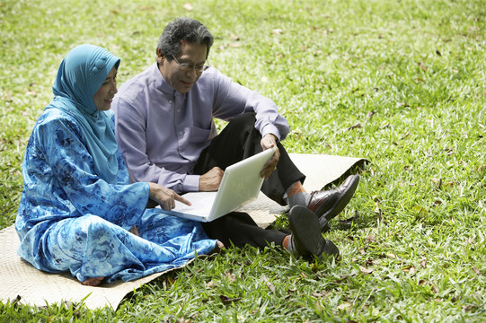 老年夫妇在公园使用笔记本电脑