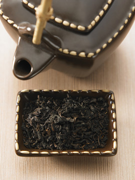 中国茶壶和茶叶顶视图