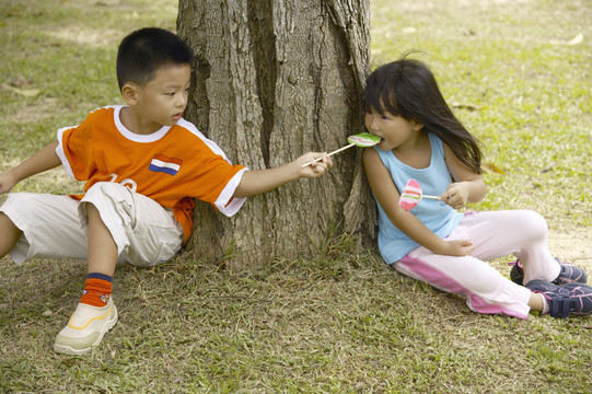 男孩和女孩靠在树干上，吃着棒棒糖