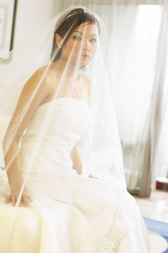 穿着婚纱的新娘看起来金碧辉煌