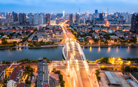 航拍天津城市夜景