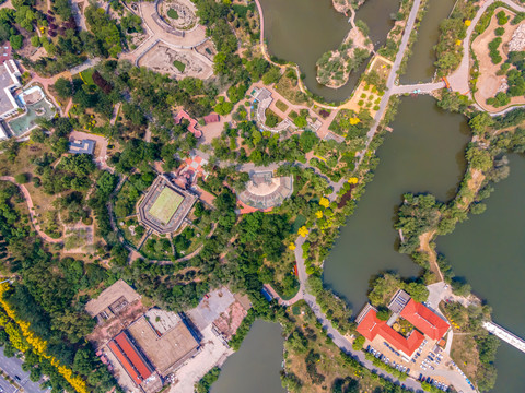 航拍天津水上公园园林景观