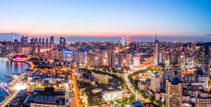 航拍青岛城市建筑景观夜景