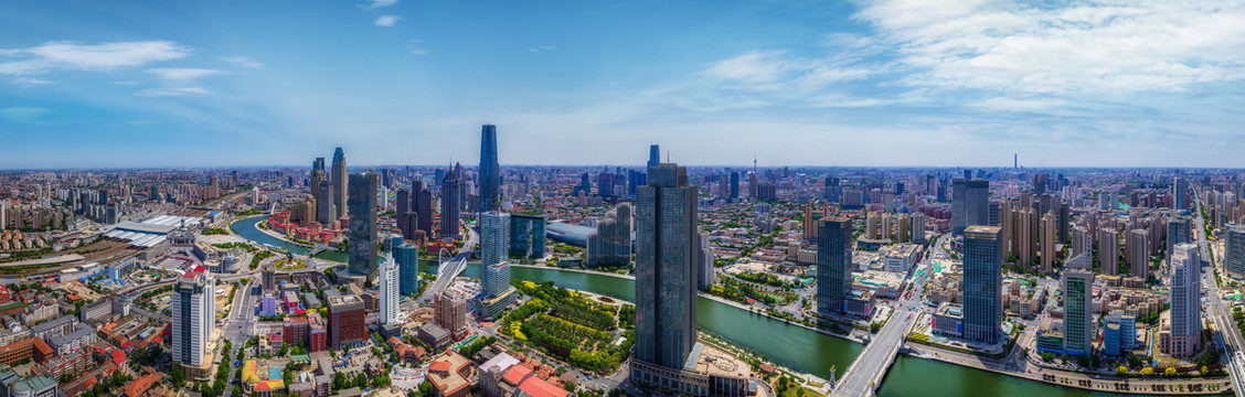航拍天津城市建筑天际线全景